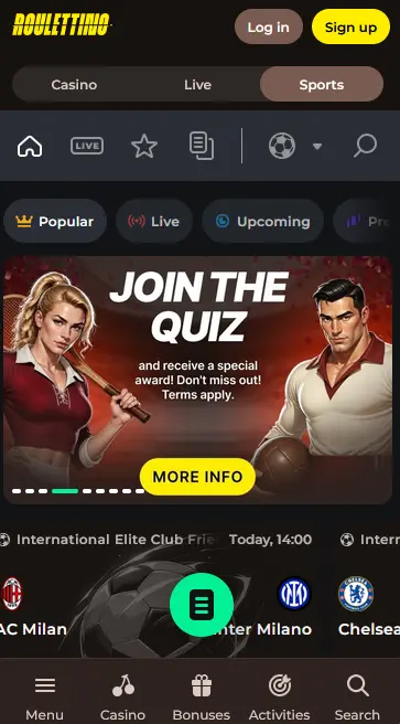 Mobilní verze Roulettino Casino s hrami a sportovními sázkami