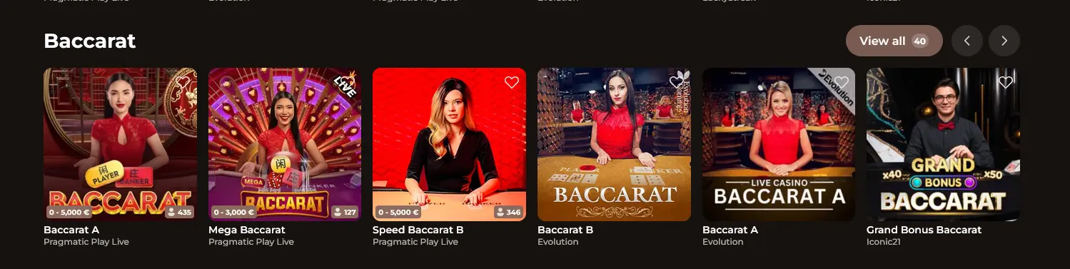 Živý baccarát a pokerové stoly v Roulettino Casino