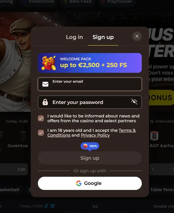 Registrační formulář s uvítacím bonusem Roulettino Casino